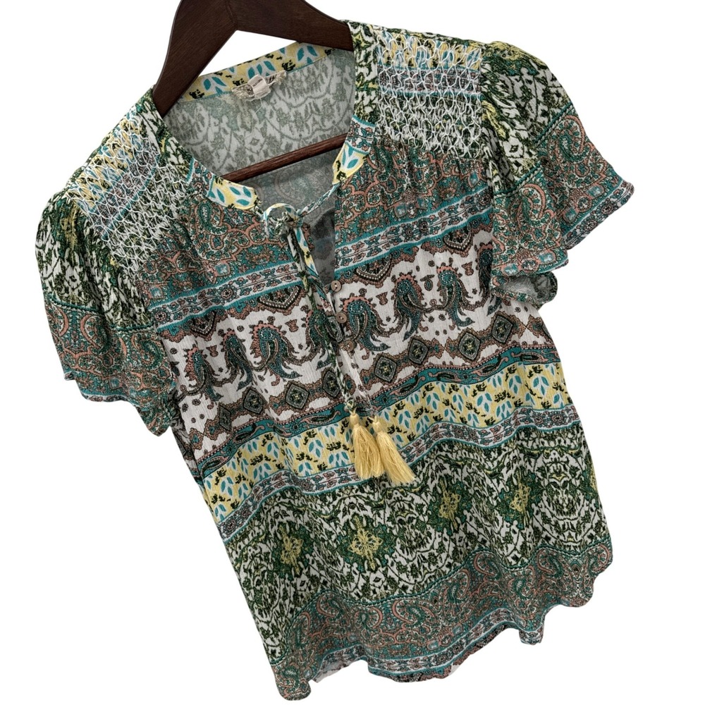 One World Womens PM Green Multi‎ Elephant Print Boho Tassel Blouse Top